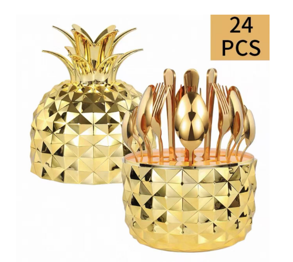 Set De Cubiertos X 24Pcs Forma De Piña Color Dorado