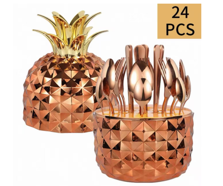Set De Cubiertos X 24Pcs Forma De Piña Color Oro Rosa
